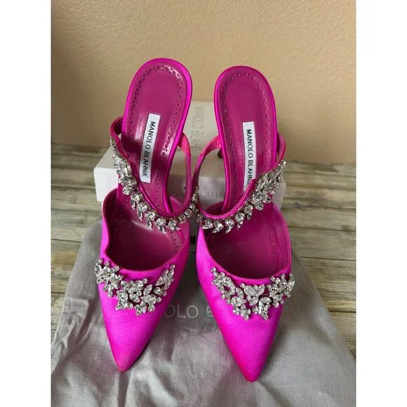 Manolo Blahnik Lurum Pink Satin Crystal 90mm Mule Heels EU 40 w/Box Dust Bag COA - Picture 1 of 16